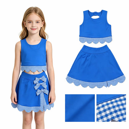 Sleeveless blue top plaid scallop skirt girls active wear set