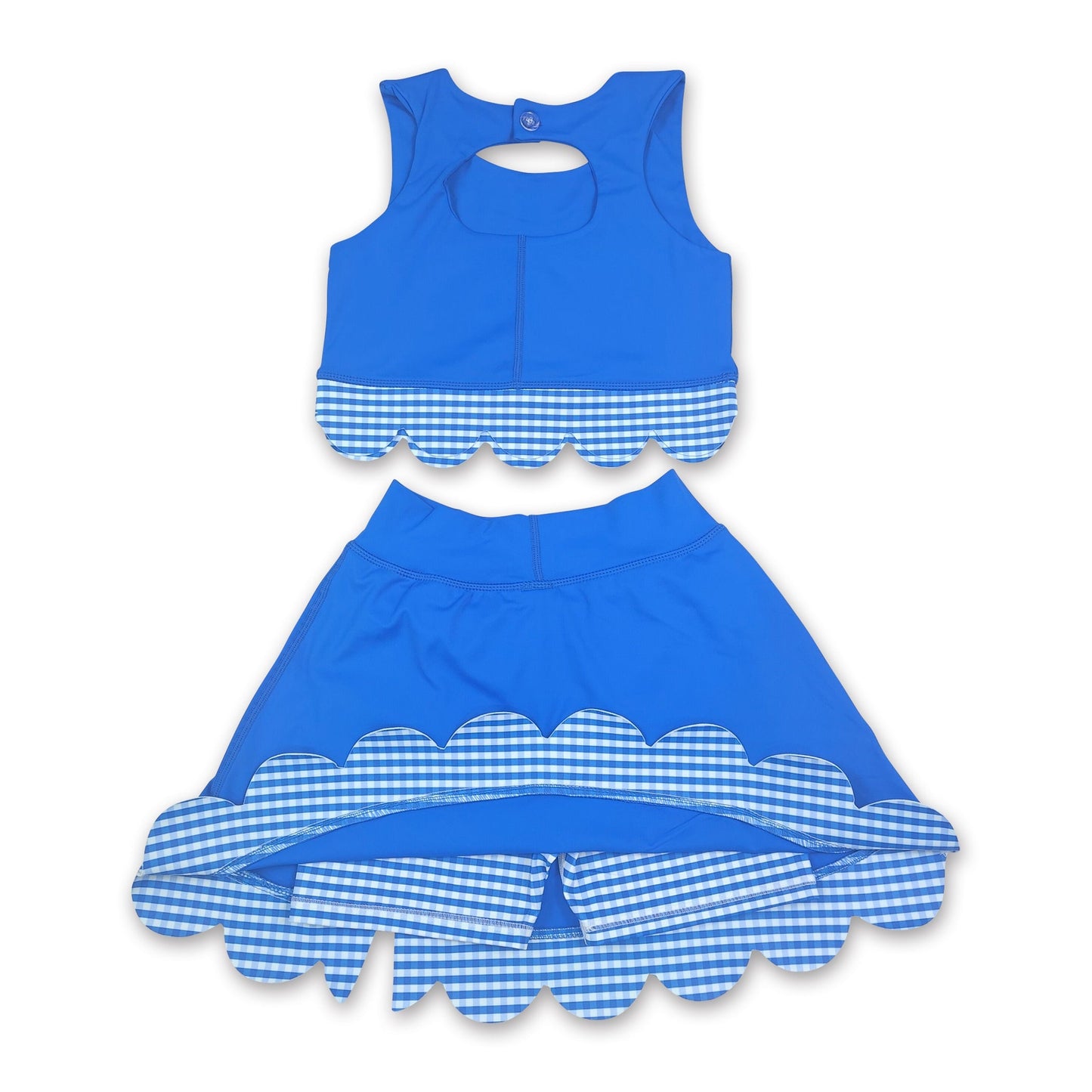 Sleeveless blue top plaid scallop skirt girls active wear set
