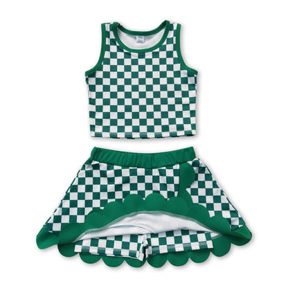 Sleeveless green plaid top scallop skirt girls active wear set