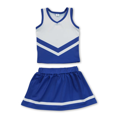Sleeveless white blue top skirt girls team cheer active set