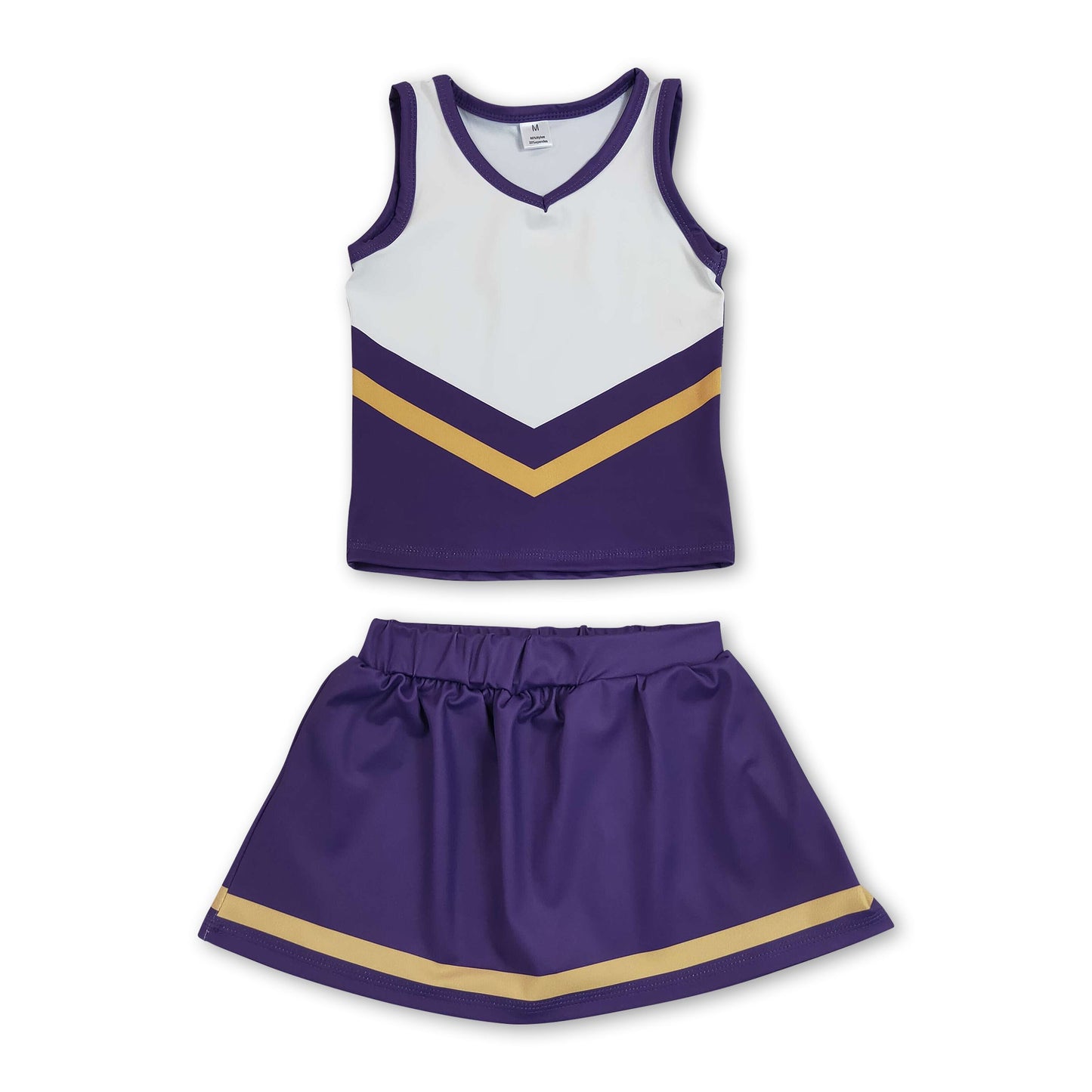 Sleeveless gold purple top skirt girls team cheer active set