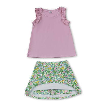 Sleeveless pink ruffle top floral skirt girls active wear set