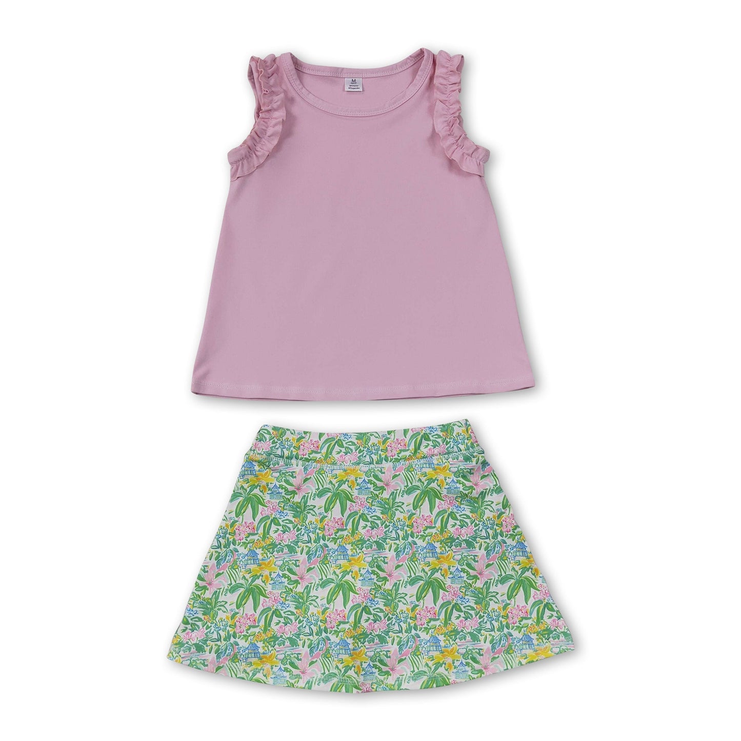 Sleeveless pink ruffle top floral skirt girls active wear set