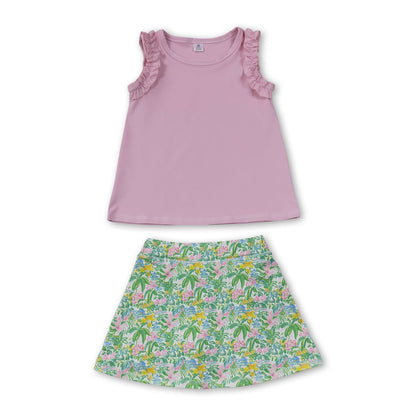 Sleeveless pink ruffle top floral skirt girls active wear set