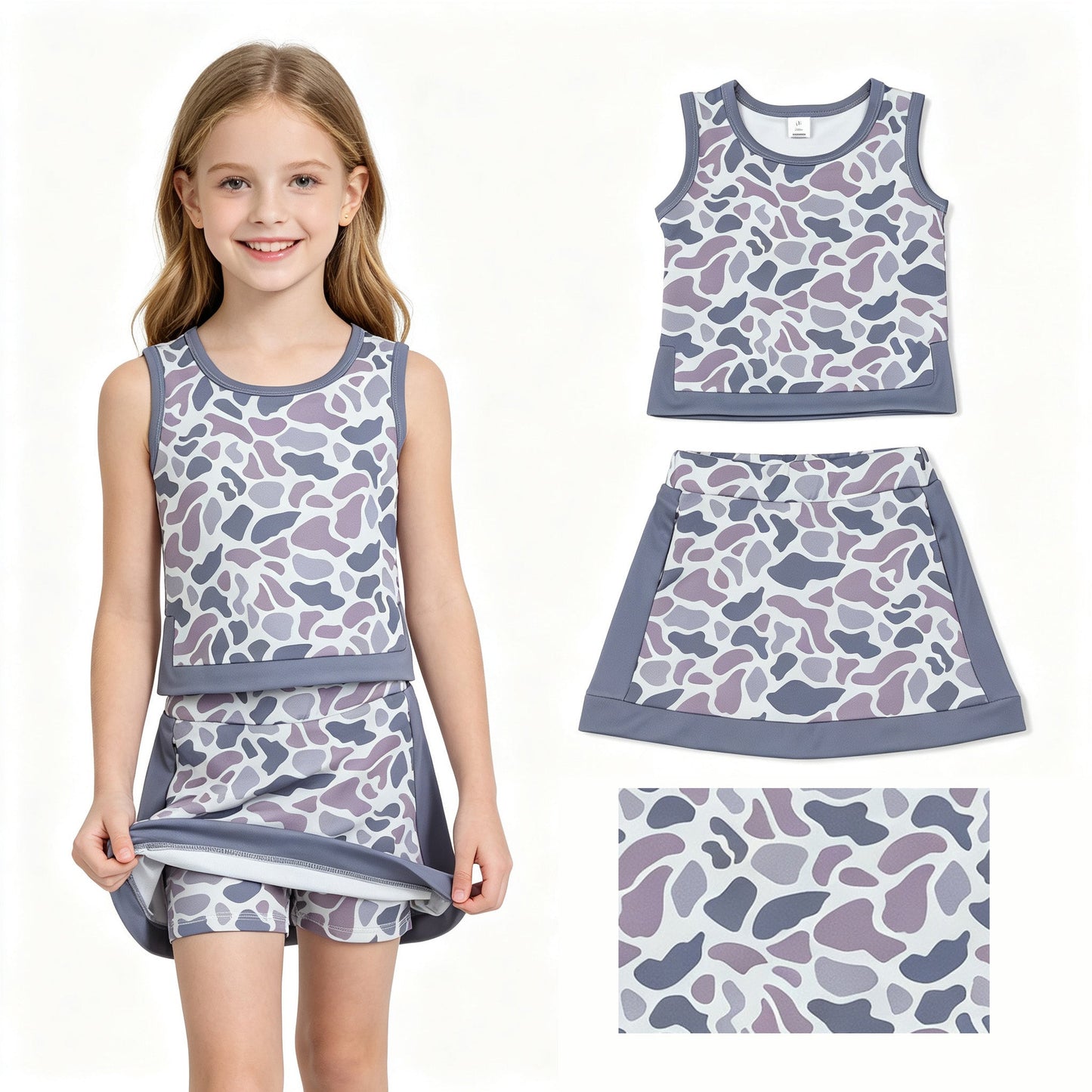 Sleeveless grey camo top skirt girls summer active set
