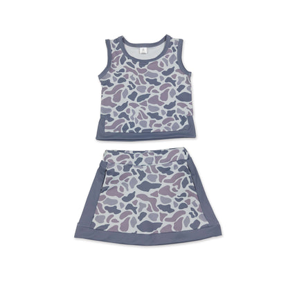 Sleeveless grey camo top skirt girls summer active set
