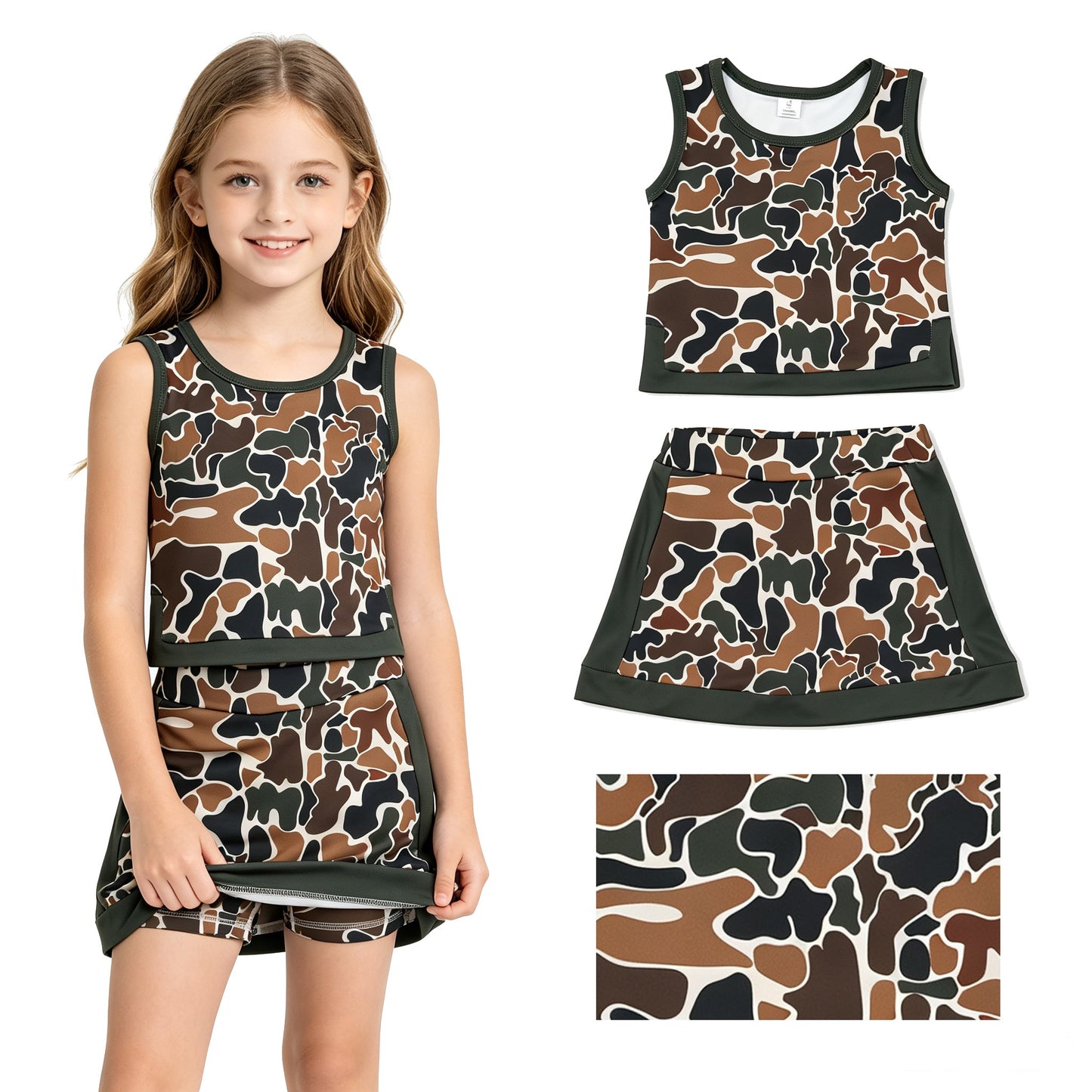 Sleeveless camo top skirt girls summer active wear set