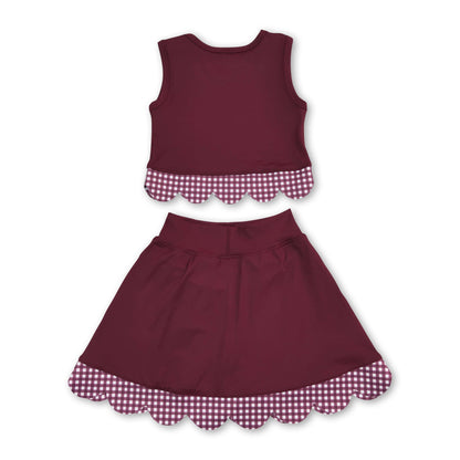 Sleeveless maroon plaid scallop girls summer active wear set