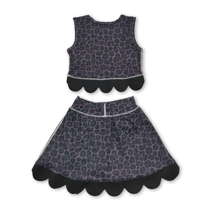 Sleeveless black leopard scallop top skirt girls active set