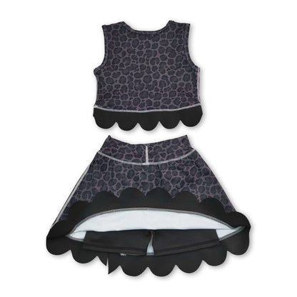 Sleeveless black leopard scallop top skirt girls active set