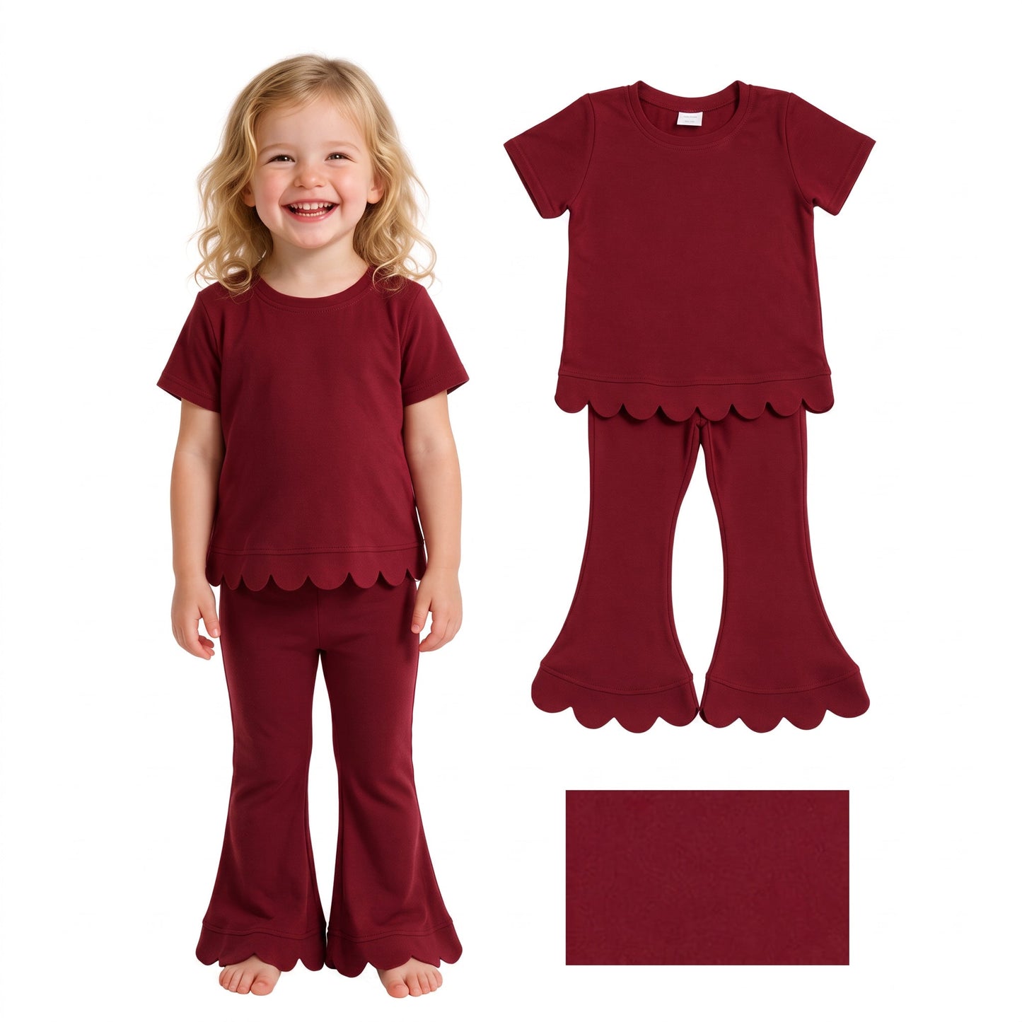 Short sleeves scallop dark red cotton top pants girls outfits