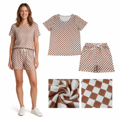 Short sleeves khaki plaid top shorts adult women pjs