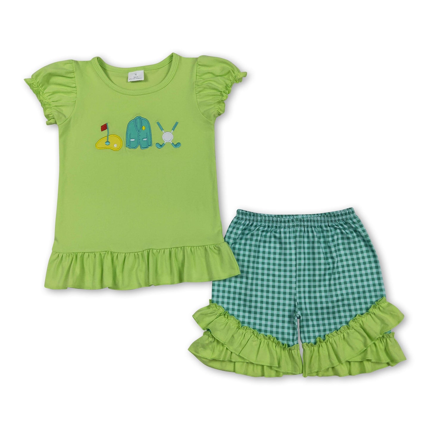 Short sleeves golf ruffle top plaid shorts girls outfits