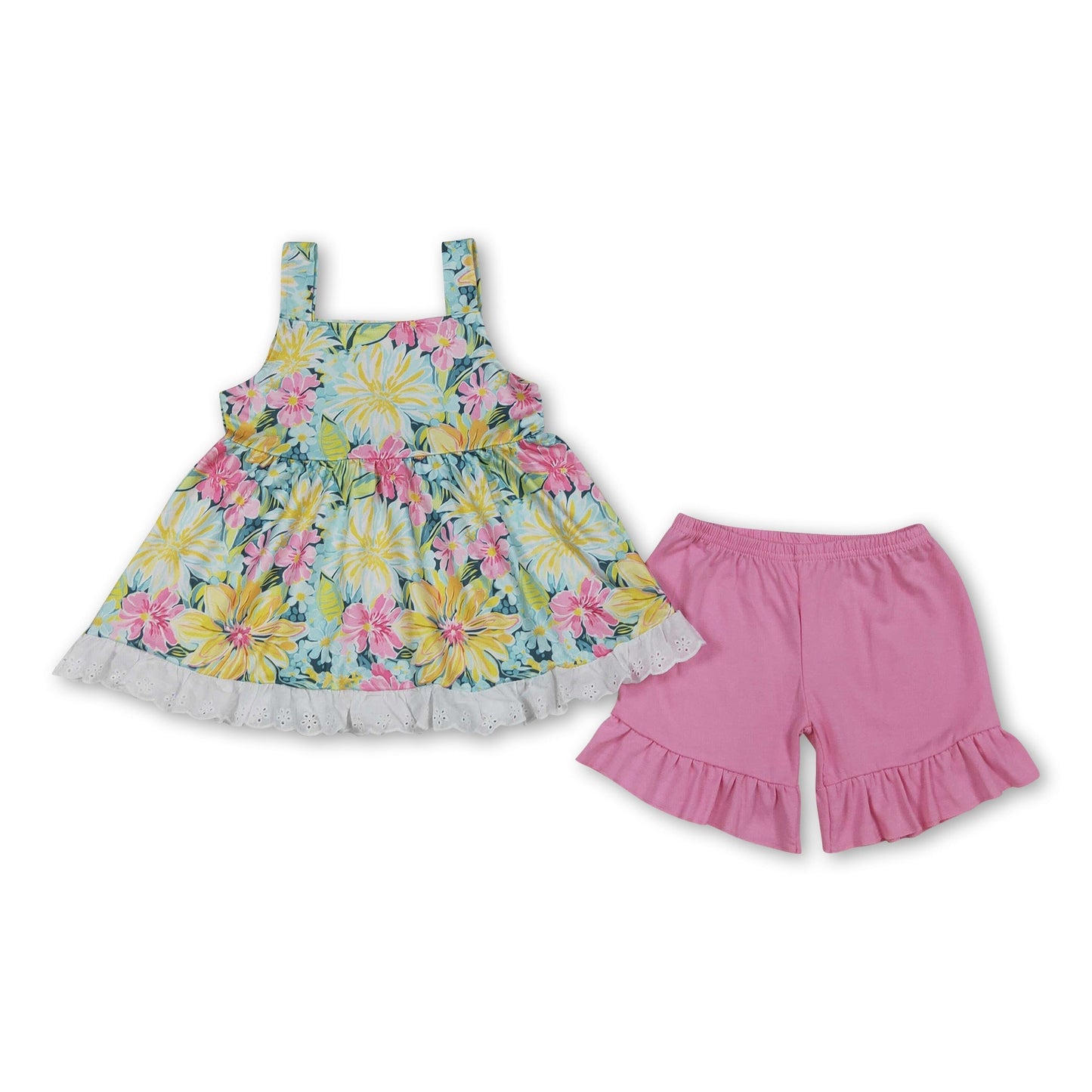 Sleeveless floral tunic pink ruffle shorts girls outfits