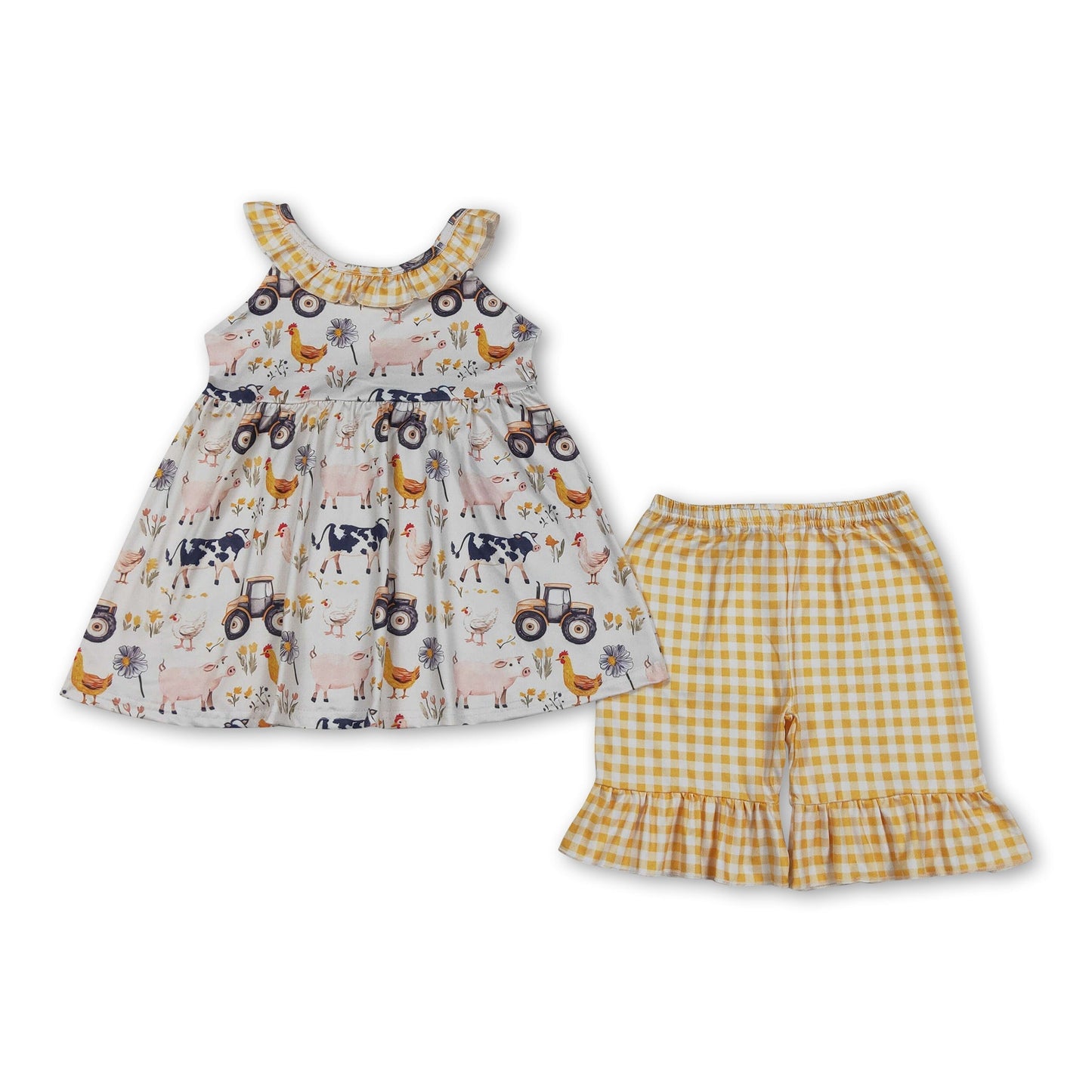 Sleeveless farm ruffle tunic yellow plaid shorts girls outfits