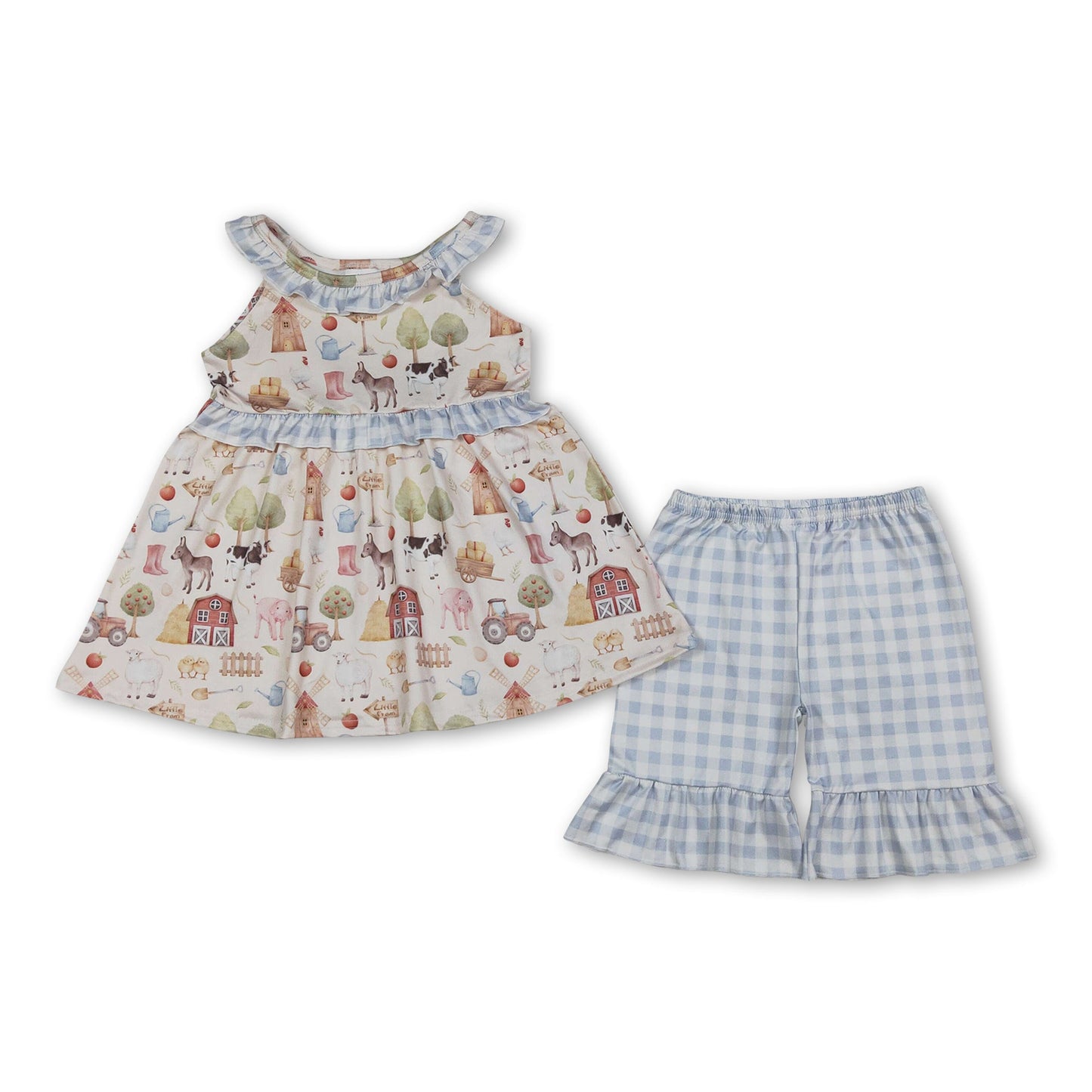 Sleeveless farm ruffle tunic plaid shorts girls summer outfits
