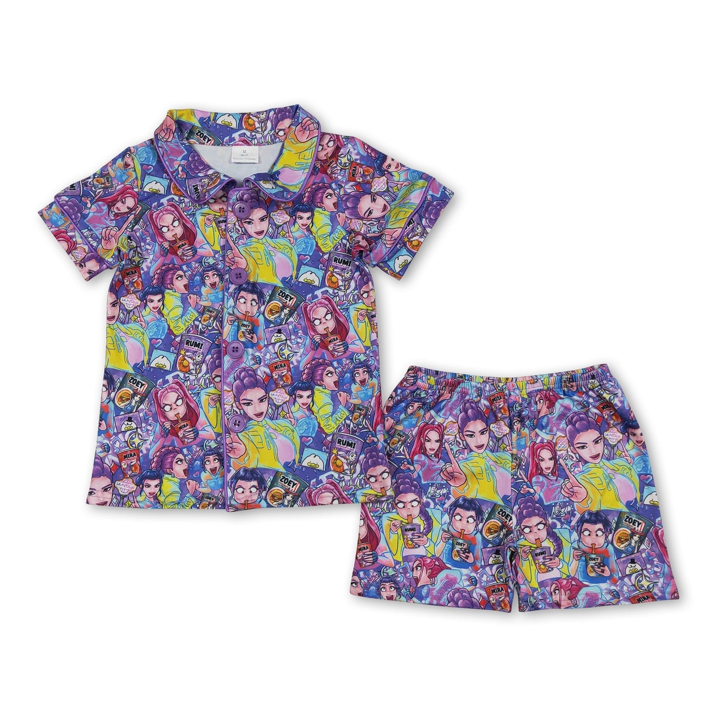 Short sleeves purple hunter music kids girls pajamas set