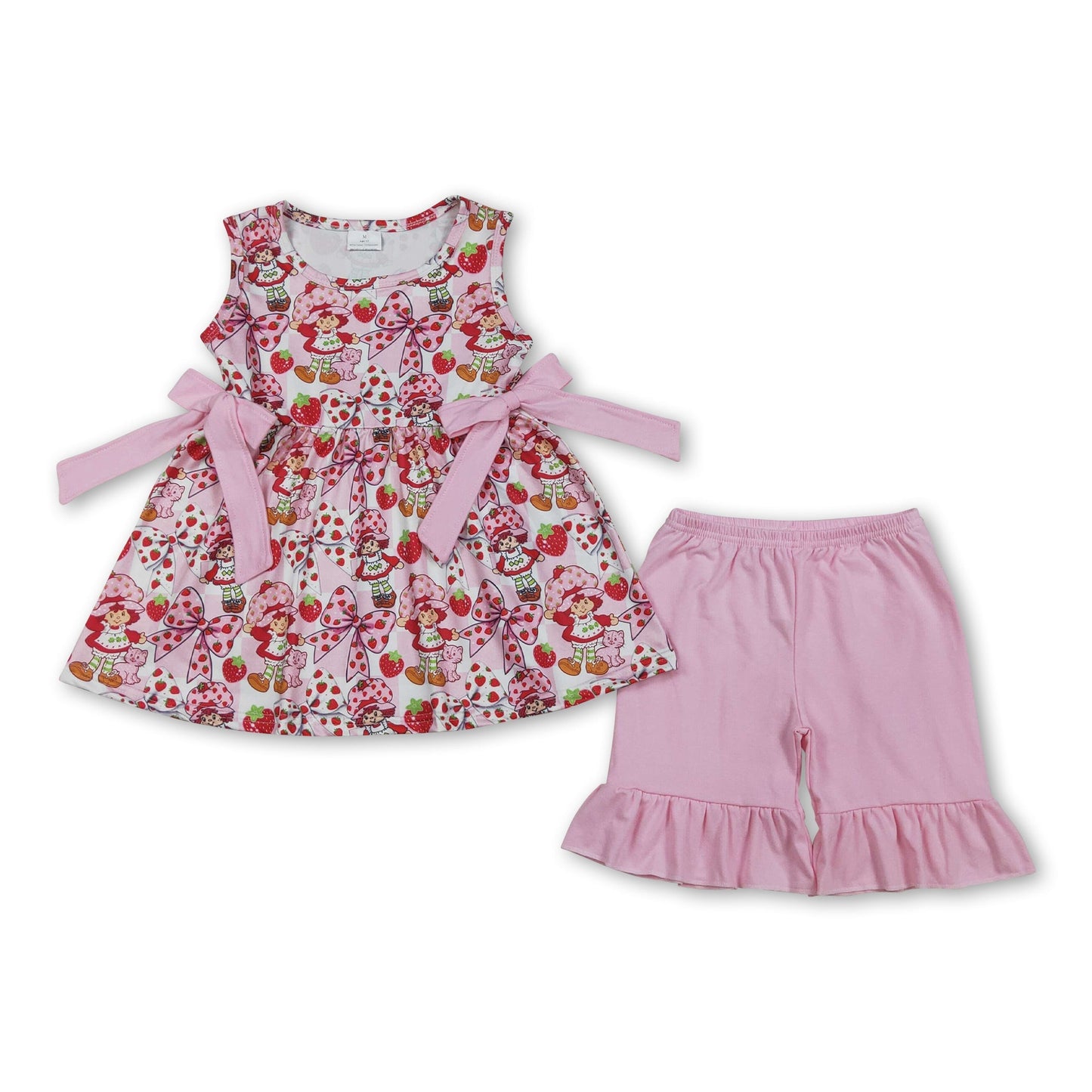 Sleeveless strawberry bow tunic ruffle shorts girls outfits