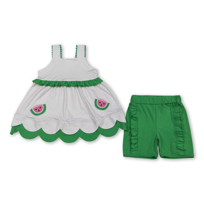 Pink stripe watermelon scallop tunic ruffle shorts girls outfits