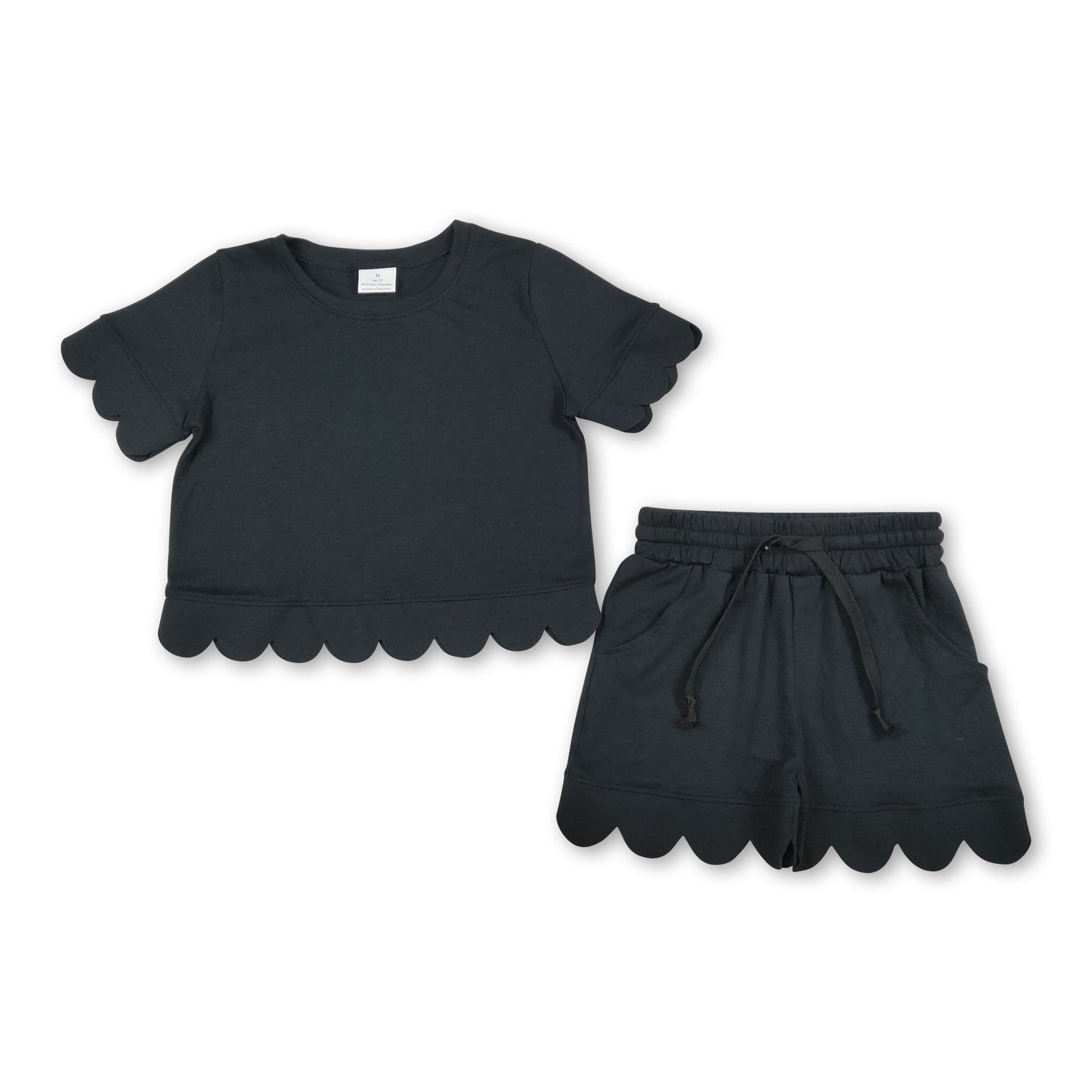 Short sleeves black scallop top shorts girls summer outfit