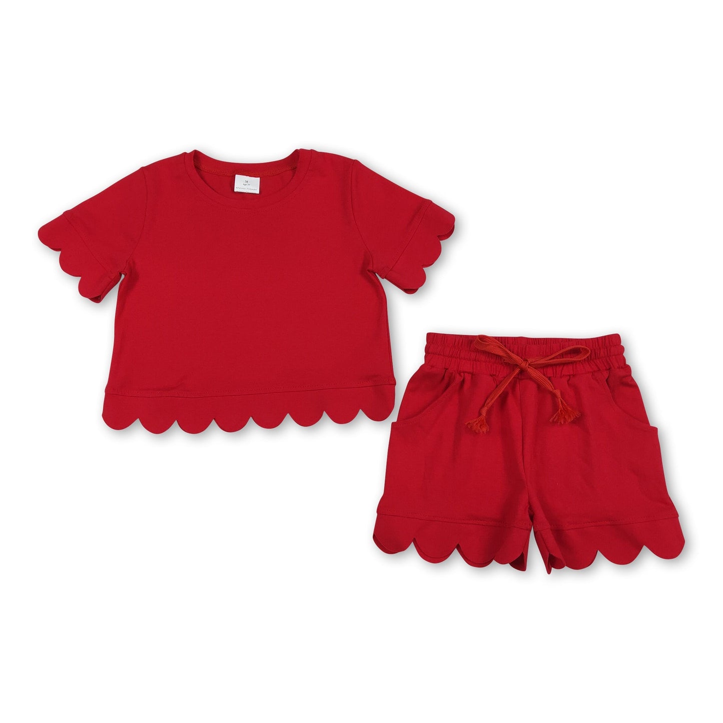 Short sleeves red scallop top shorts girls summer outfit