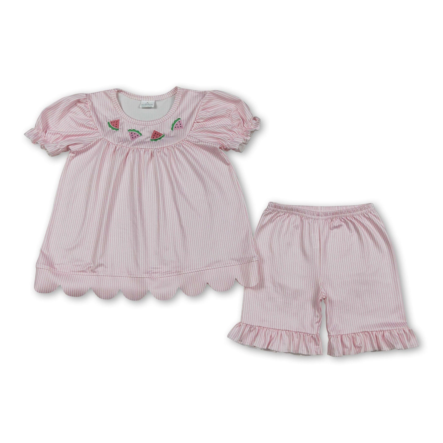 Short sleeves pink stripe watermelon embroidery girls outfits