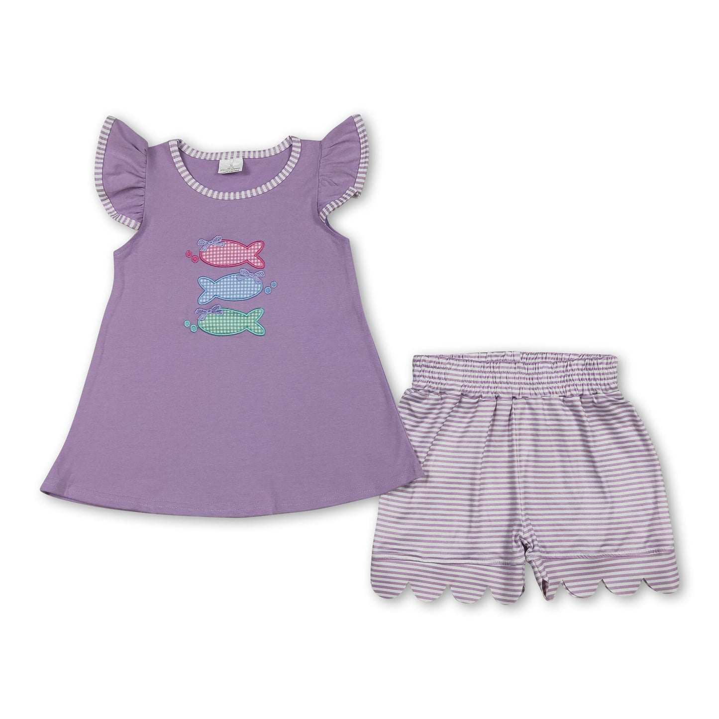 Flutter sleeves fish bow top scallop shorts girls outfits