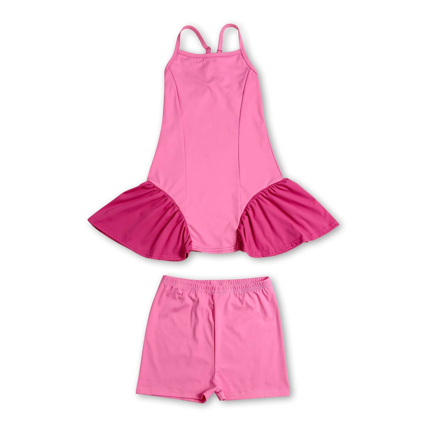 Straps pink patchwork athletic dress shorts girls active set