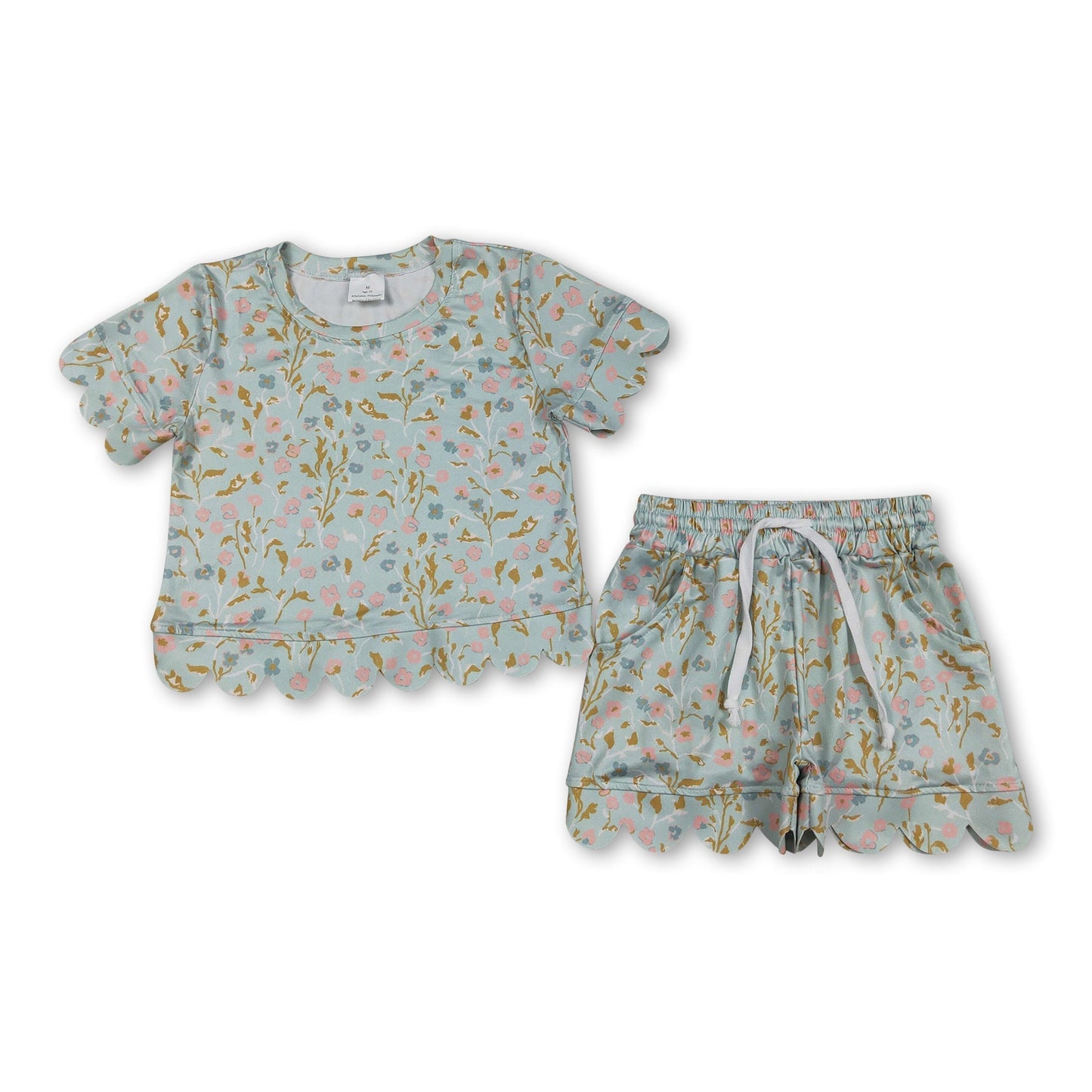 Mint floral scallop short sleeves top shorts girls summer set