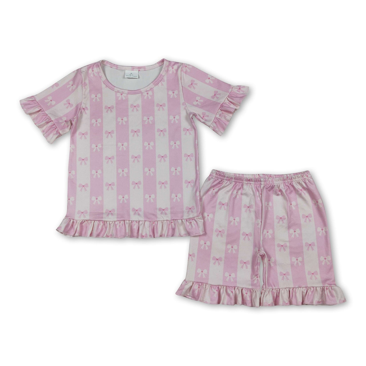 Short sleeves pink stripe bow kids girls summer outfits