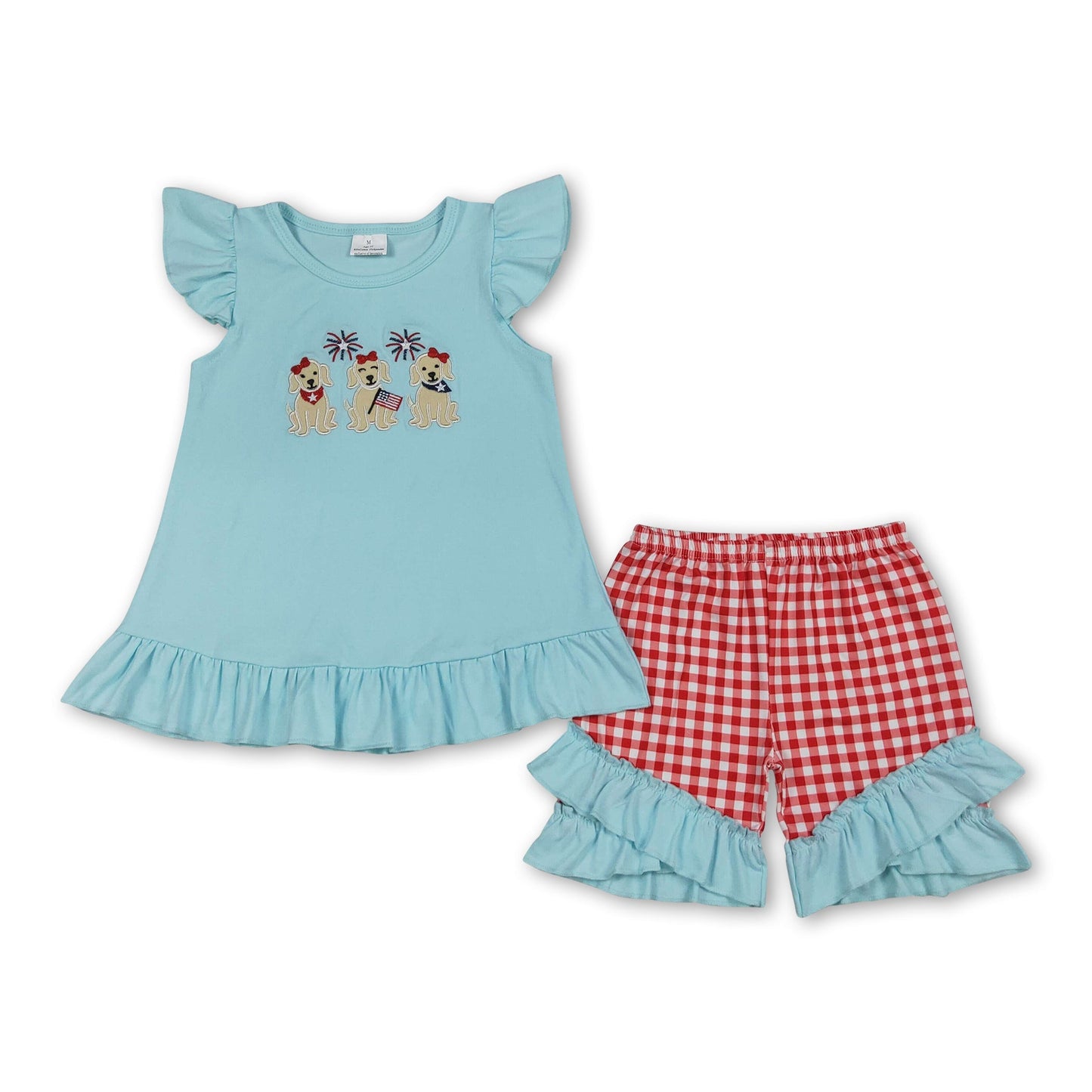 Flutter sleeves dog flag embroidery girls 4th of july set