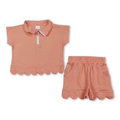 Peach short sleeves scallop pullover shorts girls outfits