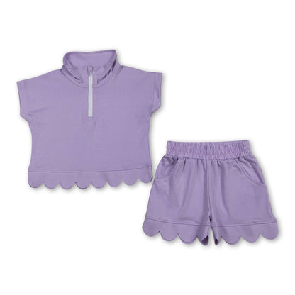 Lavender short sleeves scallop pullover shorts girls outfits