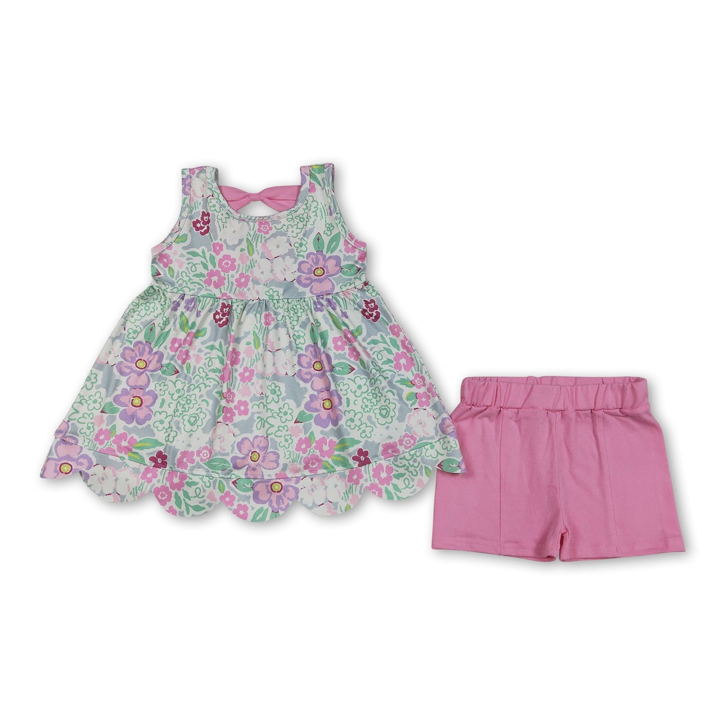 Sleeveless floral scallop tunic pink shorts girls outfits