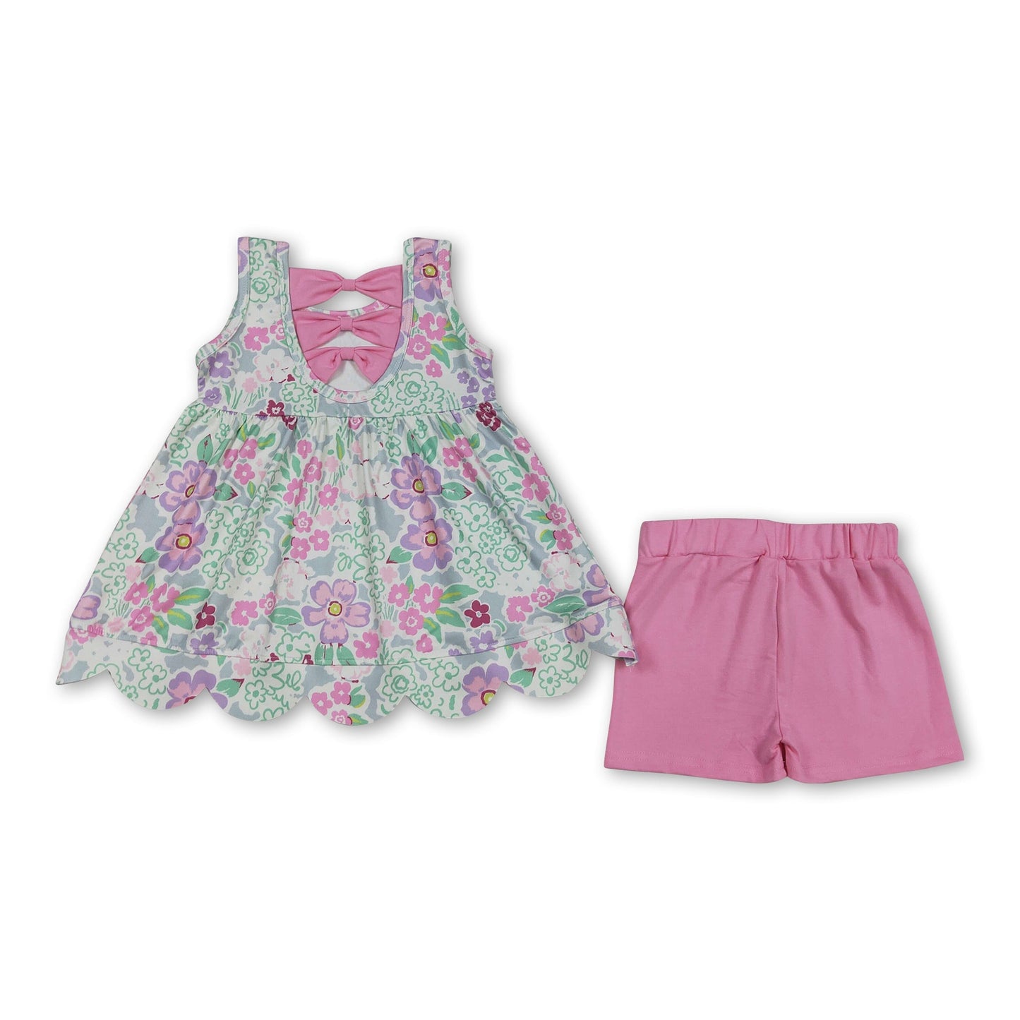 Sleeveless floral scallop tunic pink shorts girls outfits