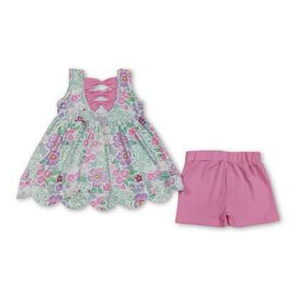 Sleeveless floral scallop tunic pink shorts girls outfits