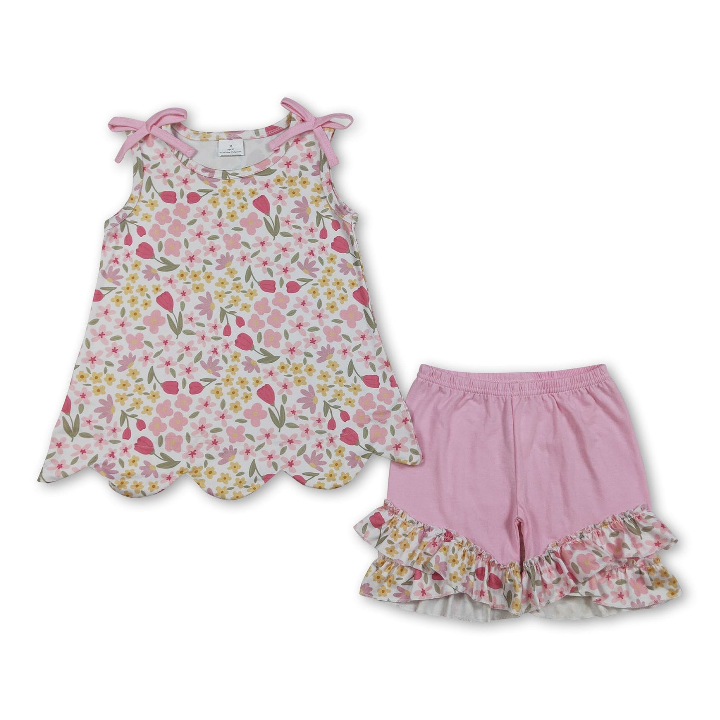 Sleeveless floral scallop top pink shorts girls outfits