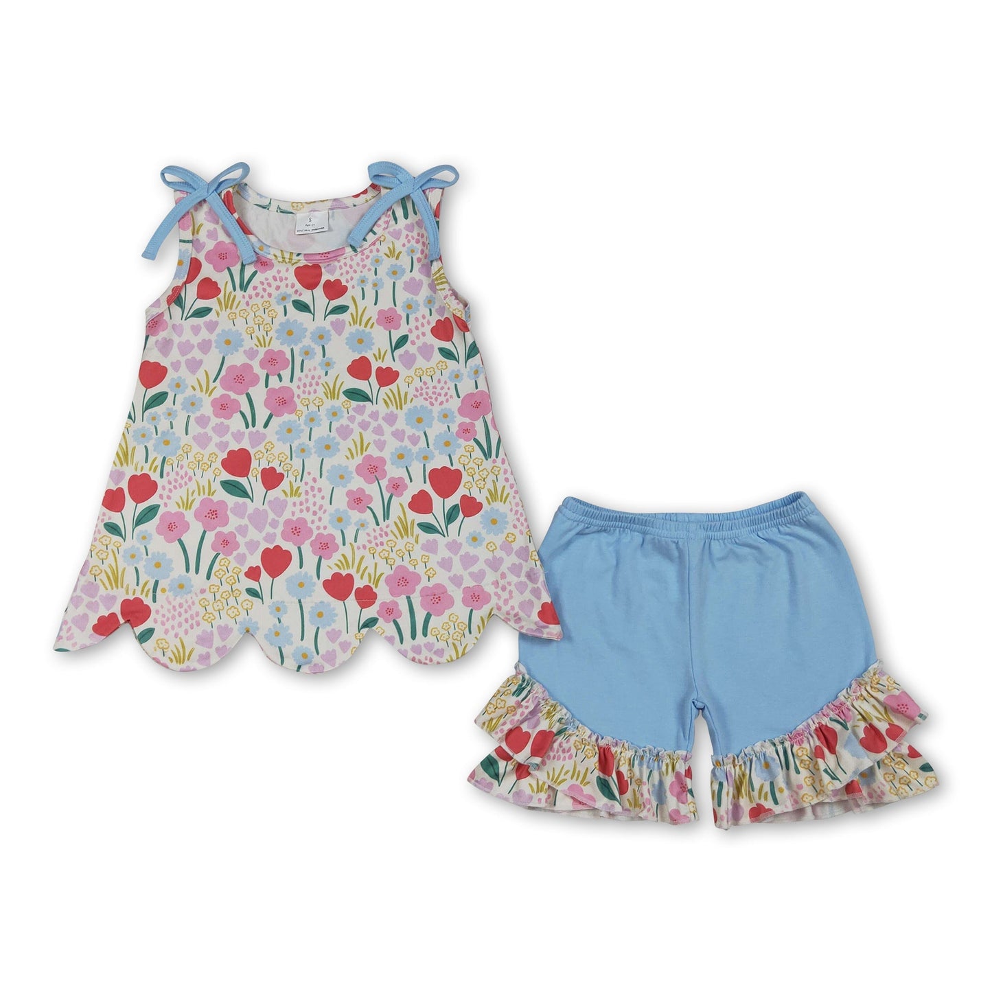 Sleeveless floral scallop top light blue shorts girls outfits