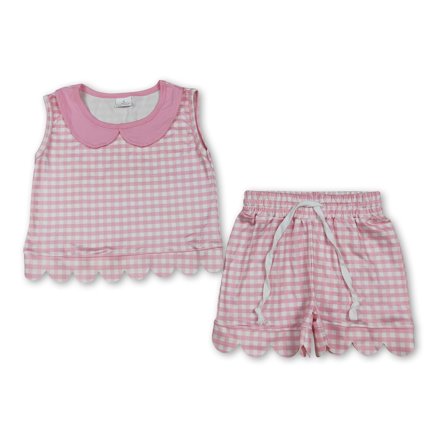 Sleeveless pink plaid scallop top shorts girls outfits
