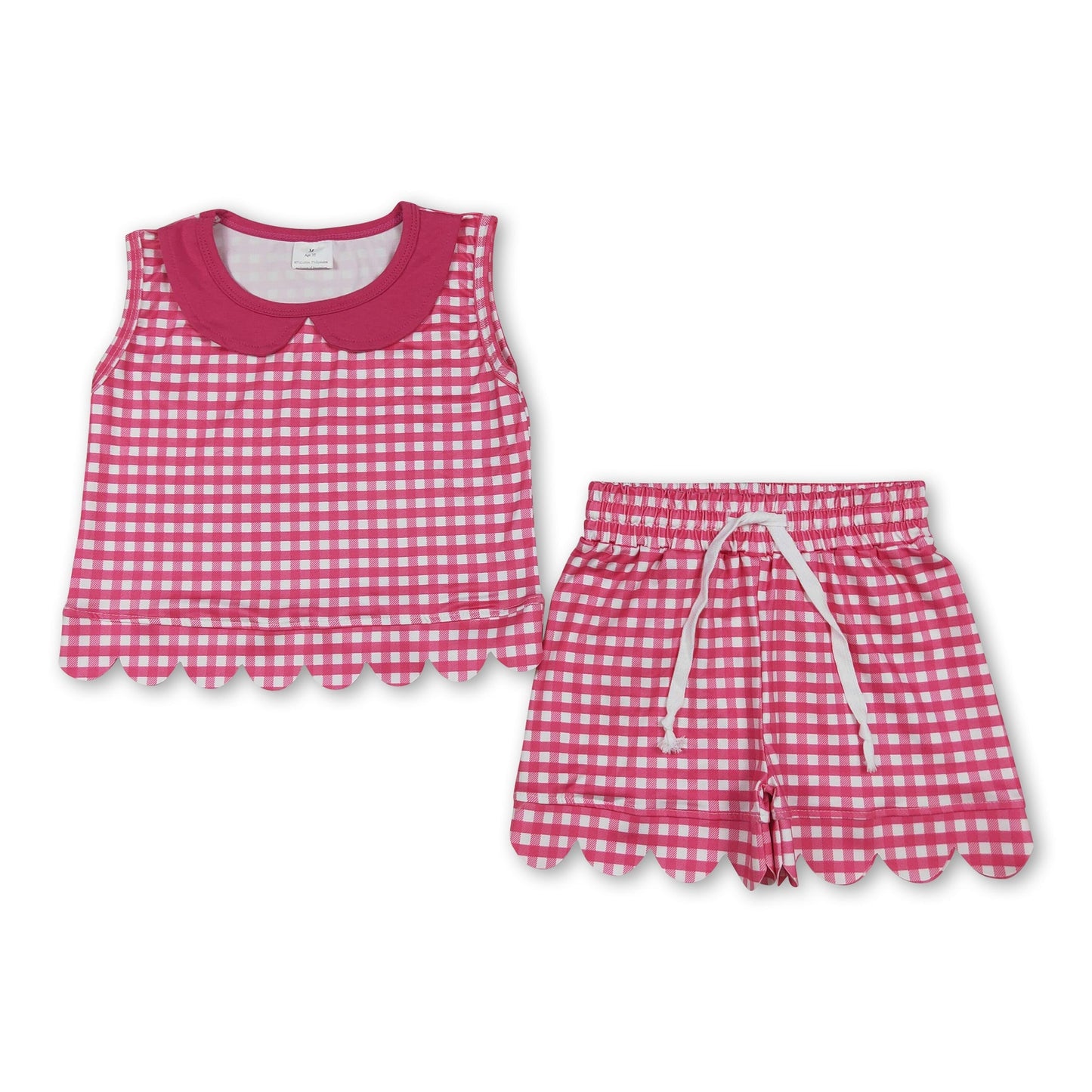 Sleeveless hot pink plaid scallop top shorts girls outfits
