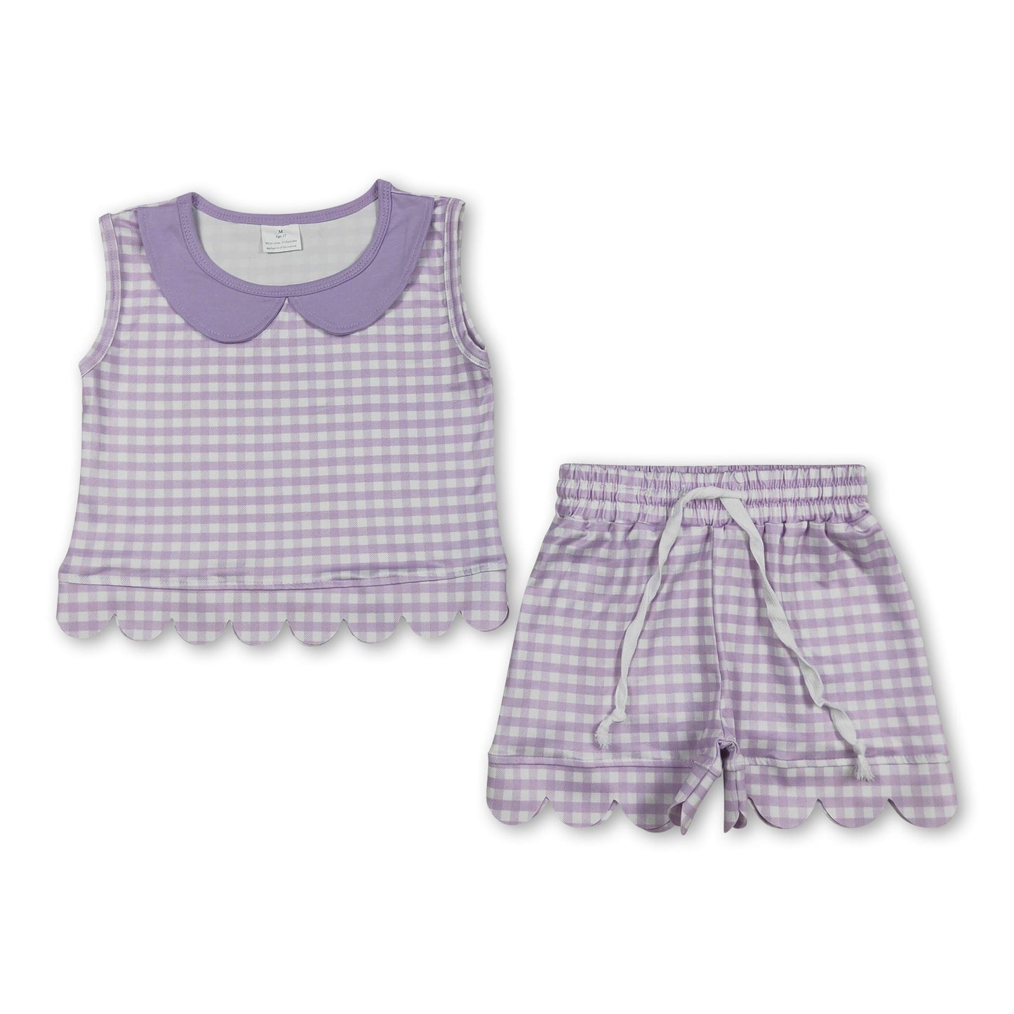 Sleeveless lavender plaid scallop top shorts girls outfits