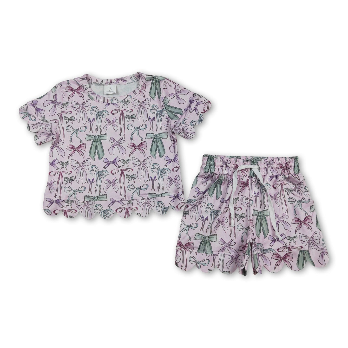 Short sleeves bows scallop top shorts girls summer clothes