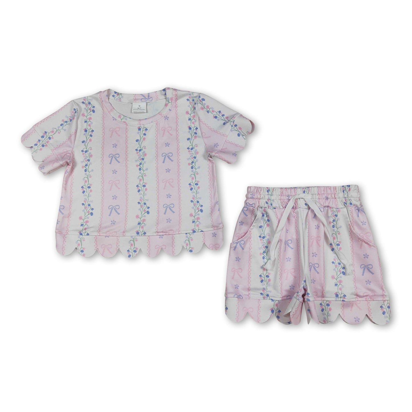 Short sleeves pink bow floral scallop top shorts girls outfits