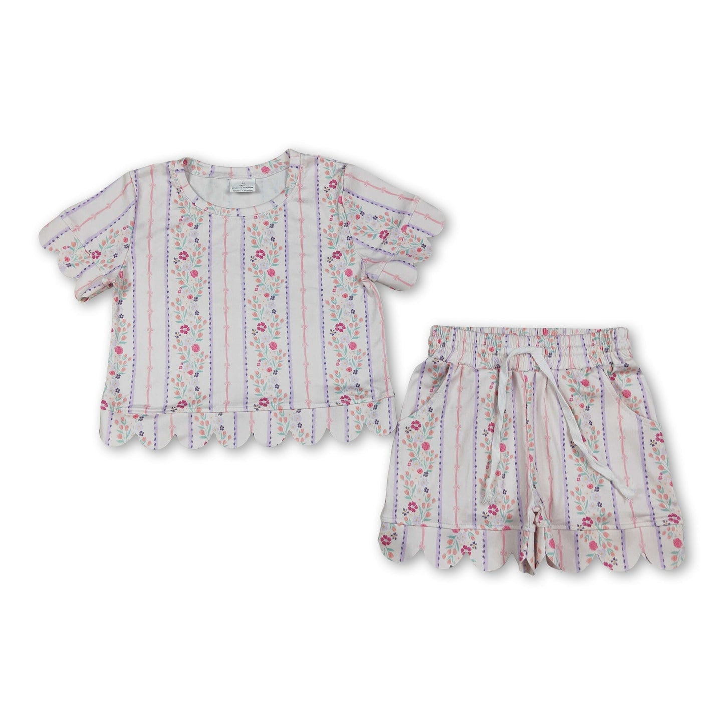 Short sleeves scallop floral toddler girls summer outfits
