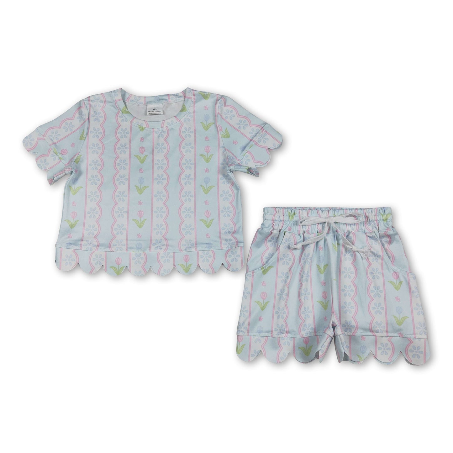 Short sleeves light blue floral scallop kids girls summer outfits