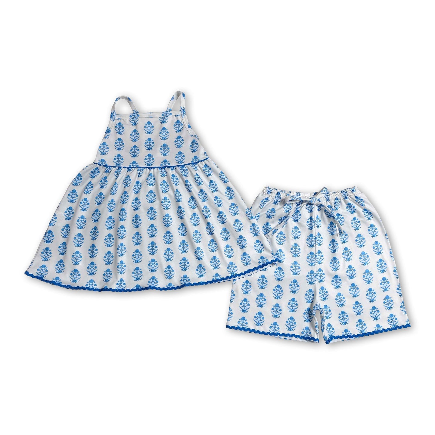 Straps blue floral tunic shorts kids girls summer outfit