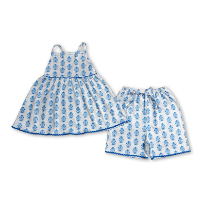Straps blue floral tunic shorts kids girls summer outfit