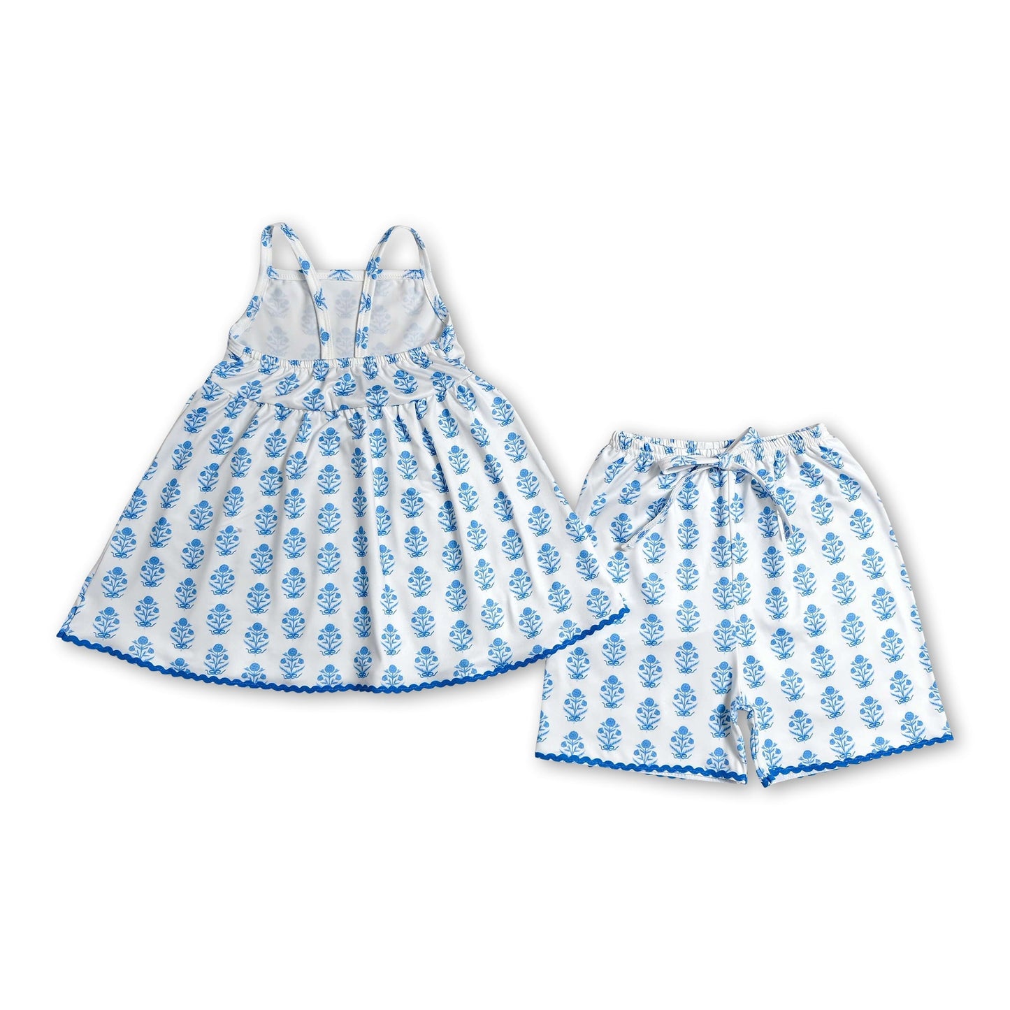 Straps blue floral tunic shorts kids girls summer outfit