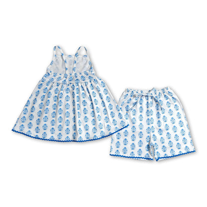 Straps blue floral tunic shorts kids girls summer outfit