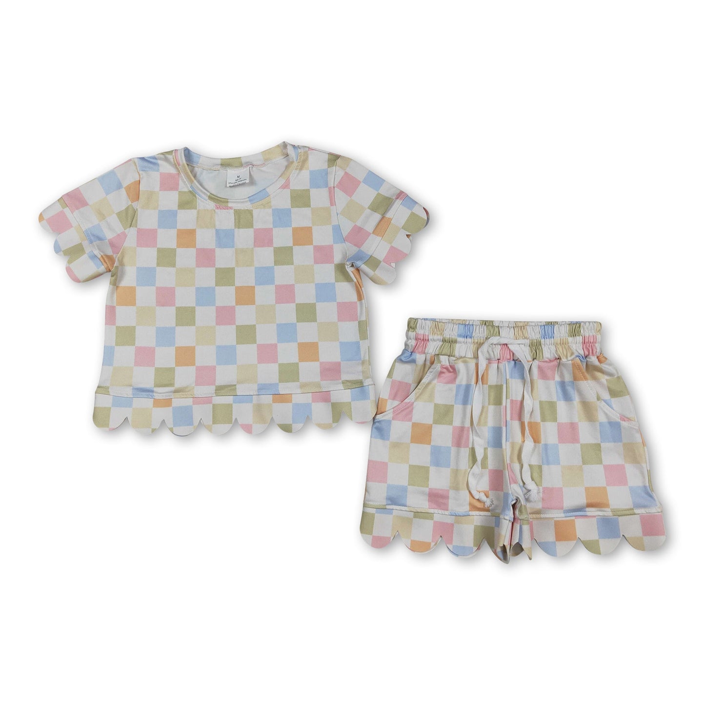 Short sleeves colorful plaid scallop top shorts girls outfits